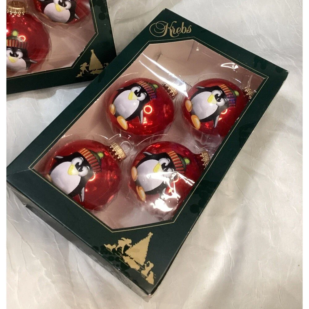 Krebs Glass Ornaments 8 Candy Apple Red Balls With Stocking Cap Penguin 2 Boxes